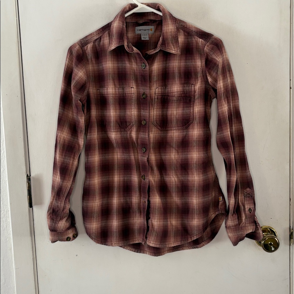 Carhartt pink wine plaid long sleeve button down shirt Size XS